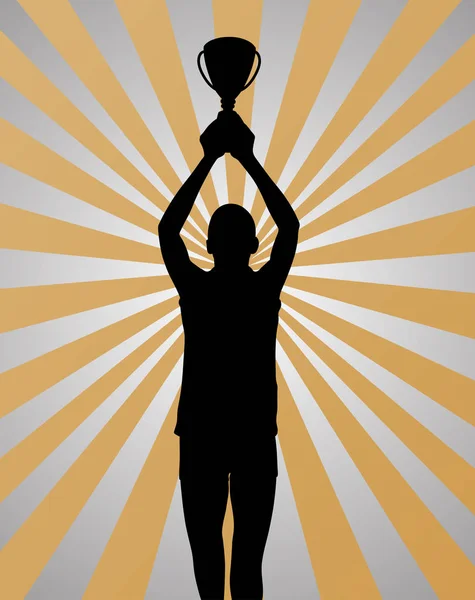 金の銀の背景に優勝トロフィーを保持する若いスポーツの勝者のイラストのシルエット Epsファイルが利用可能 — ストックベクタ