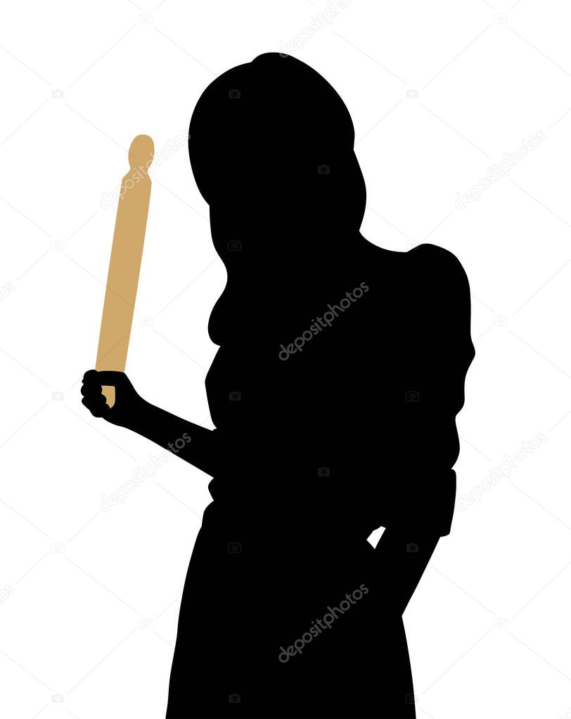 Illustration of an angry young woman holding a rolling pin in her hand. Isolated white background. EPS file available.