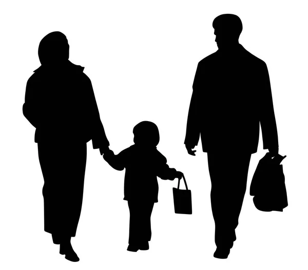 Mutlu Bir Ailenin Tasviri Anne Kız Baba Alışveriş Torbalarıyla Yürüyorlar — Stok Vektör