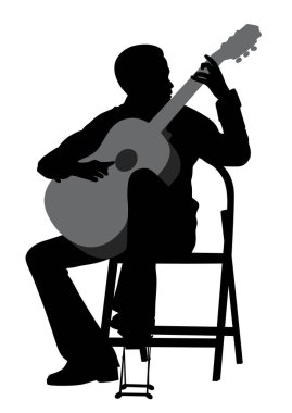 Genç bir akustik gitaristin tasviri. Klasik müzik işte. İzole edilmiş beyaz arka plan. EPS dosyası kullanılabilir.
