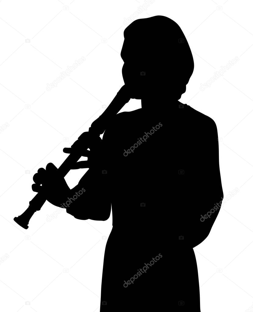 Illustration silhouette of a young woman playing recorder flute. Isolated white background. EPS file available.