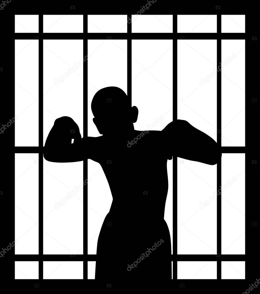 Illustration silhouette of a man in jail behind bars. EPS file available.