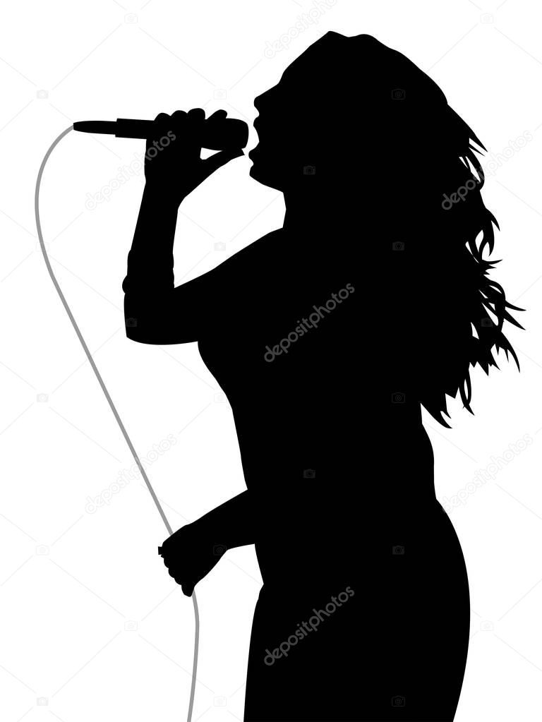 Illustration silhouette of a woman singer holding a microphone with gray cable and singing loud. Isolated white background. EPS file available.