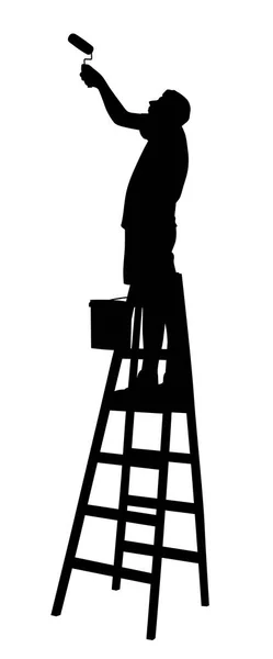 Illustratie Silhouet Van Een Schilder Ladderwand Plafond Met Verfroller Geïsoleerde — Stockvector
