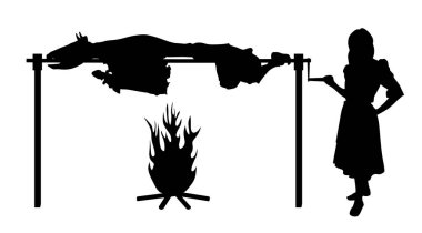 Tükürük üzerinde öküz kızartan bir kadın tasviri. İzole edilmiş beyaz arka plan. EPS dosyası kullanılabilir.