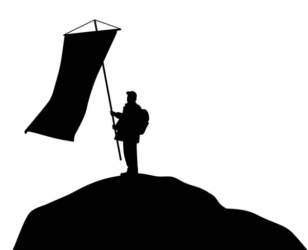 Man standing on mountain top and holding large flag — Stock Vector