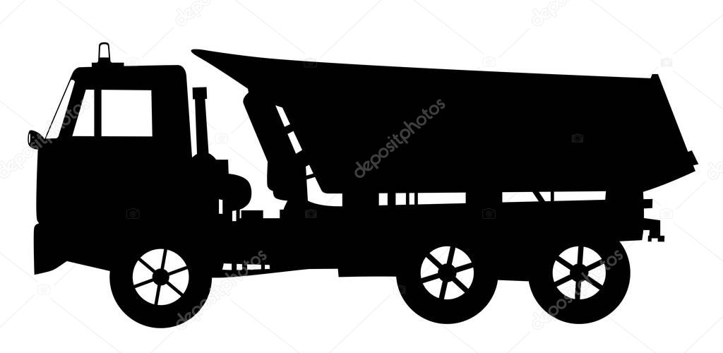Illustration silhouette of a tipper dump truck. Isolated white background. EPS file available.