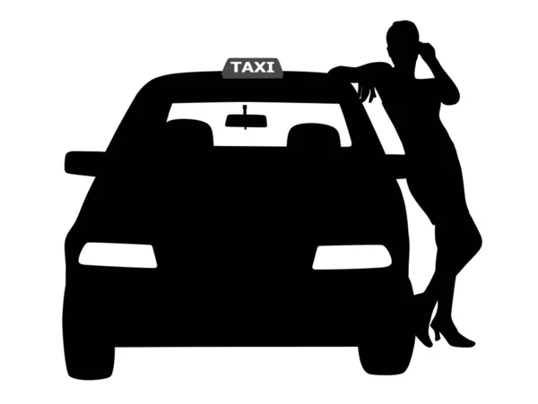 Mulher motorista de táxi de pé ao lado do carro de táxi à espera de um passageiro —  Vetores de Stock