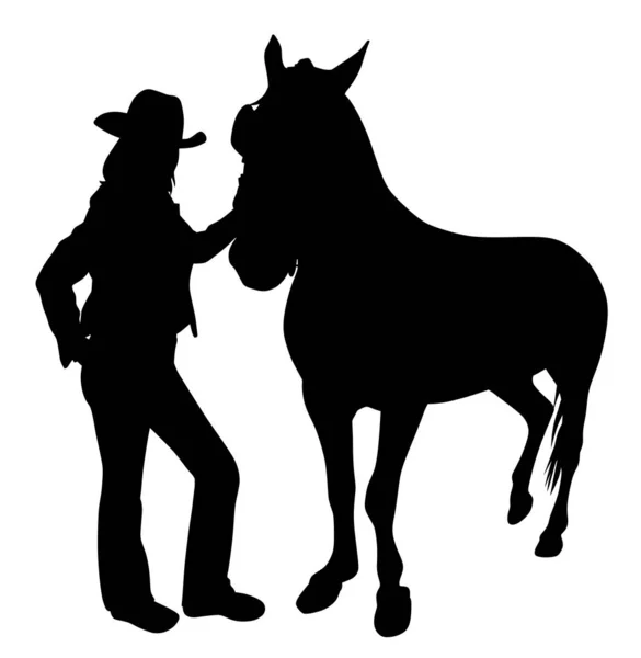Cowgirl steht mit Pferd — Stockvektor