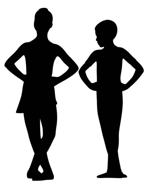 Baletní tanečnice dívka a chlapec stojící s zkřížené nohy — Stockový vektor