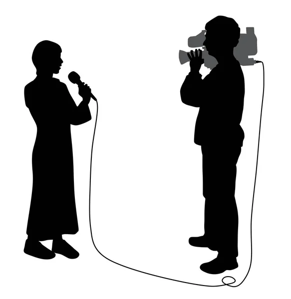 Journalist news reporter woman and cameraman making reportage — Stock Vector