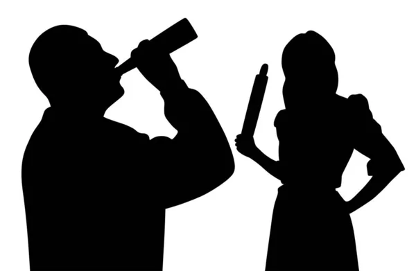 Marido beber álcool e irritado esposa segurando rolando pin —  Vetores de Stock