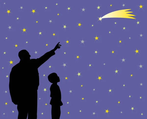 Father is showing falling star to his amazed kid with wow face — Stock Vector