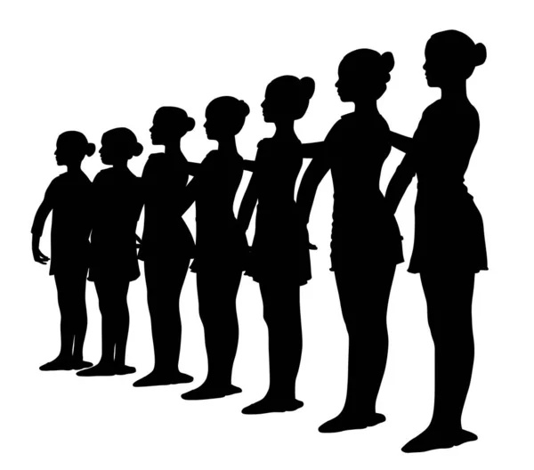 Silhouettes of seven ballerinas standing in a row — Stock Vector
