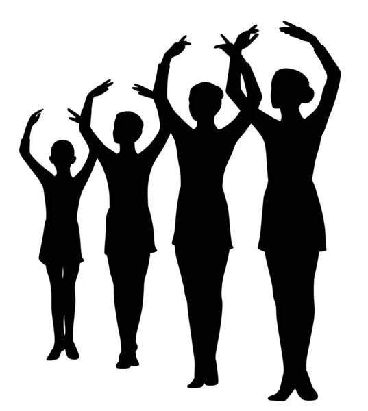 Grupo de bailarinas em pé em uma fileira com as mãos levantadas — Vetor de Stock