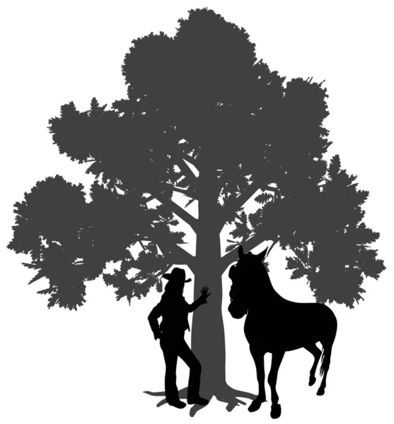 Mladá žena stojící s koněm pod dubem — Stockový vektor