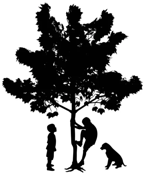 Δύο κολλητοί, μικρά αγόρια σκαρφαλώνουν σε ένα δέντρο. — Διανυσματικό Αρχείο
