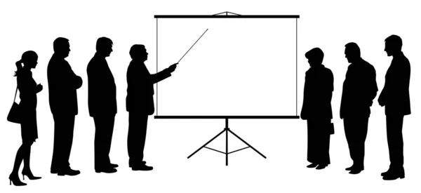 Man coach with pointer presentation on projection screen to people group — Stock Vector