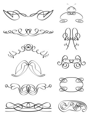 El çizimi kaligrafik tasarım elementleri ve birkaç kuğu, kuş, yılan ve cırcır böceği olan sayfa dekorasyonu. İzole edilmiş beyaz arka plan. EPS dosyası kullanılabilir.