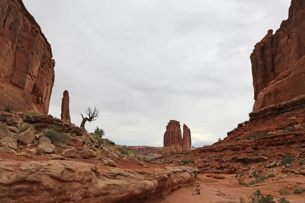 Park Avenue Trail Dużą Ilością Zachmurzonego Nieba Parku Narodowym Arches — Zdjęcie stockowe