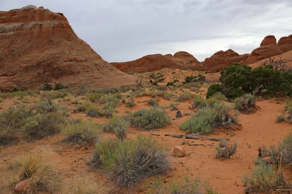 Eine Verhangene Aufnahme Der Landschaft Teufelsgarten Arches National Park Utah — Stockfoto