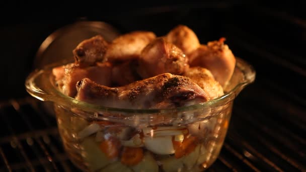 烤鸡腿家禽在烤箱里用蔬菜和马铃薯 — 图库视频影像