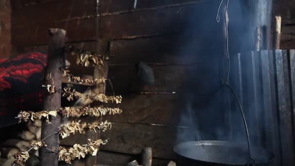 ポルチーニの食用キノコ屋内暖炉煙山小屋で自然乾燥されているヤマドリタケ — ストック動画