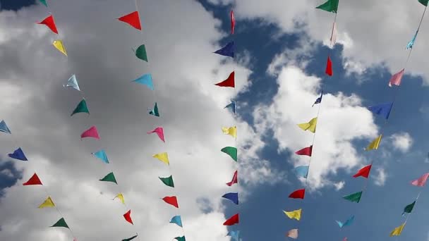 Carnival Celebrate Banner Party Flags Cloudy Blue Sky Windy Day — Stock Video