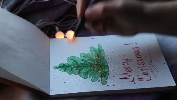 Schets Hand Kunst Tekening Van Mas Tree Met Merry Christmas — Stockvideo