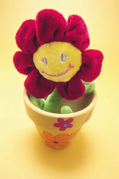 Toy Sunflower Pot Yellow Background — Stock Photo, Image
