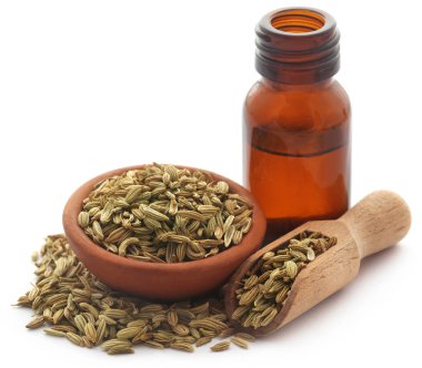 Rezene tohum önemli petrol beyaz arka plan üzerine bir şişe ile