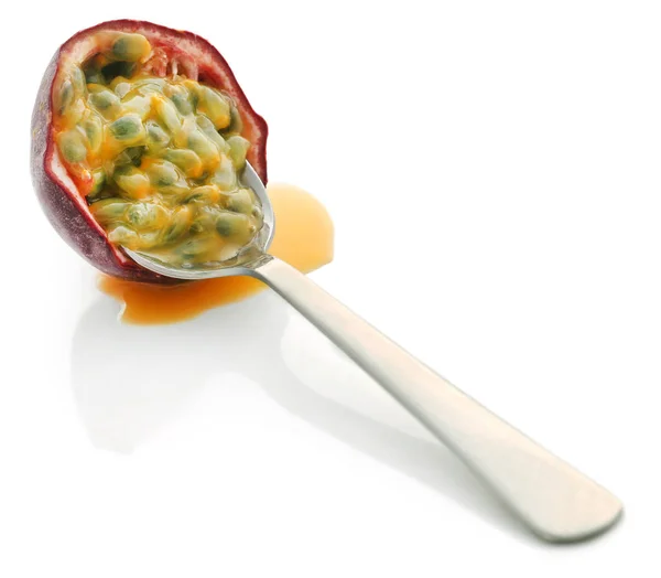 Passion Fruit Silver Spoon White Background — Stock Photo, Image