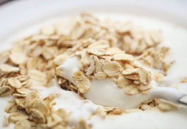 Yulaf ile taze yoğurt closeup, sağlıklı kahvaltı