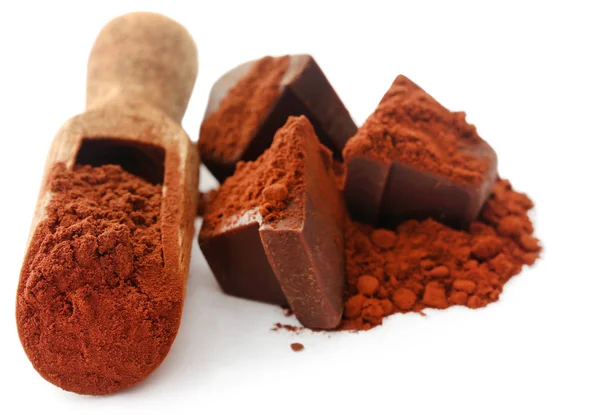 Cacao Polvere Con Cioccolato Sfondo Bianco — Foto Stock