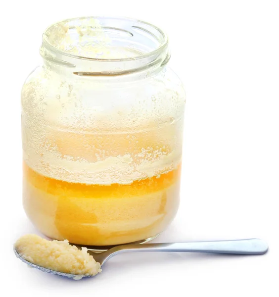 Ghee Clarified Butter Jar Spoon White Background — Stock Photo, Image