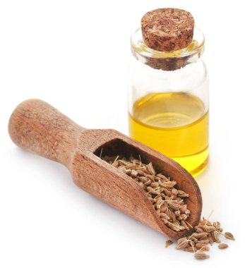 Ahşap Kepçe anason tohumları ile önemli petrol bir kavanoz içinde