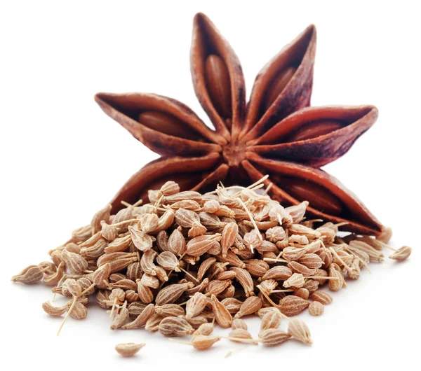 Anise Seeds Wooden Scoop Star Anise White Background — Stock Photo, Image