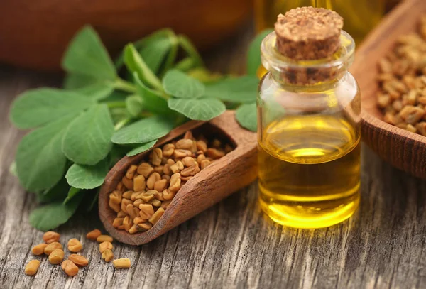 Şişede yağ ile fenugreek tohumları Stok Resim