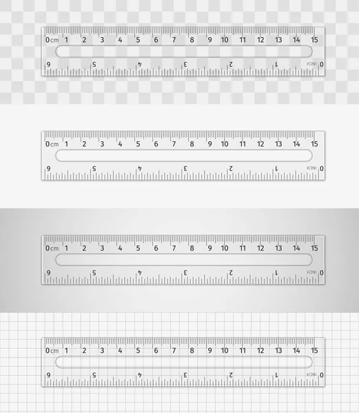 School supplies. Measuring tool. Transparent plastic ruler 15 cm — Stock Vector