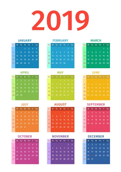 Kalender 2019. Veckan börjar på söndag — Stock vektor