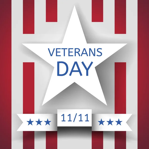 Banner del Día de los Veteranos con una estrella blanca y una cinta con la fecha del 11 de noviembre en el fondo con rayas rojas y blancas — Vector de stock