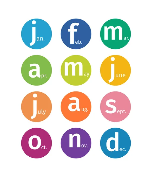 Jeu de cercles multicolores avec des noms de mois abrégés sous forme de logos — Image vectorielle