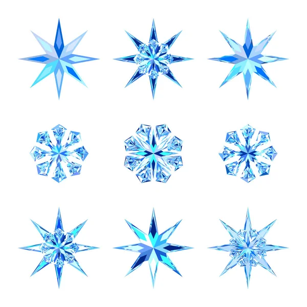 Conjunto de lindos copos de nieve azul brillante hielo y estrellas — Vector de stock