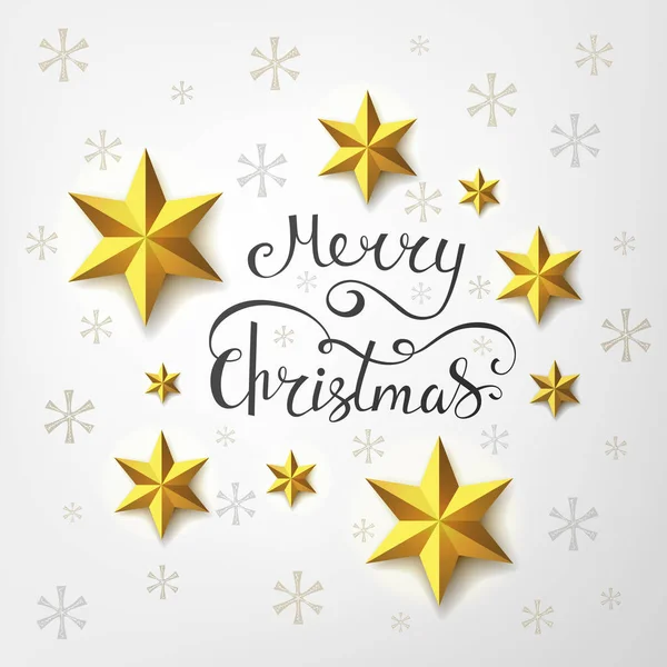 Feliz Navidad inscripción caligráfica decorada con estrellas doradas y copos de nieve — Vector de stock