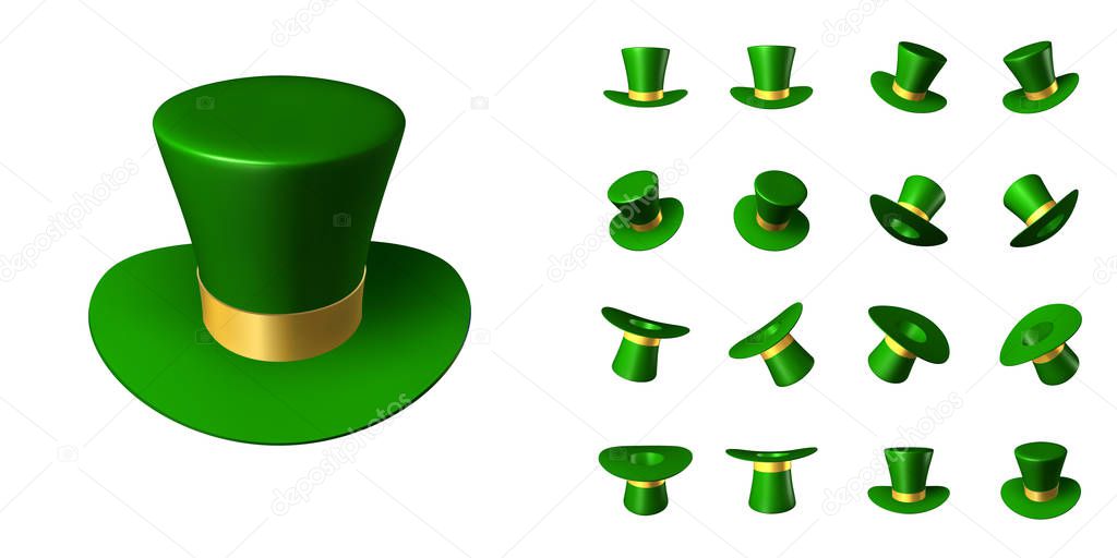 Set of St. Patrick's green hat with a gold ribbon in various positions in space