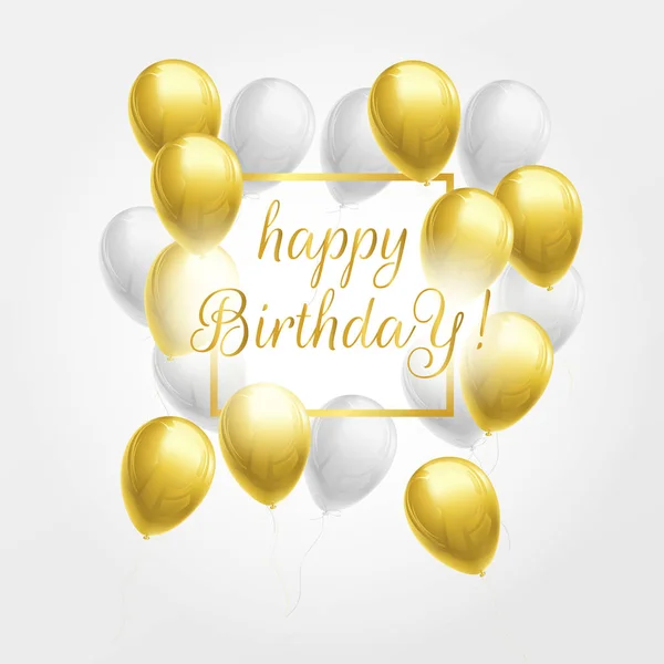 Happy birthday card with gold and white balloons — Stock Vector