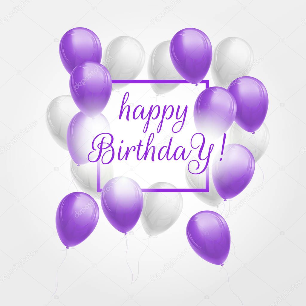 Happy birthday card with violet and white balloons