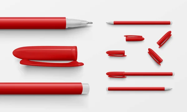 Set of red colored office pens and caps — Stock Vector