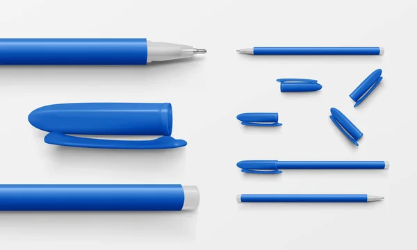 Set van blauw gekleurde Office pennen en caps — Stockvector