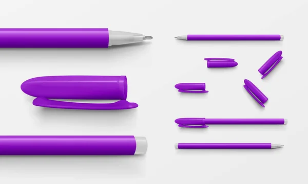 Set of violet colored office pens and caps — Stock Vector